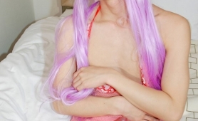 Slim japanese shemale in purple wig and sexy lingerie
