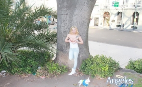 Gorgeous shemale posing outdoors and exposing her tits in public and shows us wh