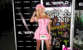 Leggy transsexual with short skirt at a costume party