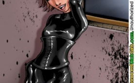 School woman costume till the ebony latex catsuit covering her entire body