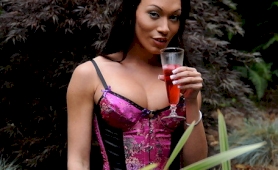 Mia isabella pulling her pud outdoors in fishnets and a corset