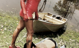 Shemale in red pvc ripping a new asshole to her submissive slut