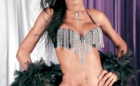 Sexy brazilian tranny in chainmail lingerie and feathers strips