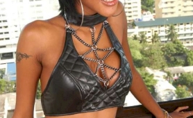 Stunning asian ladyboy in a black leather bra being naughty