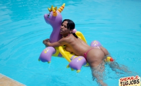 Sexy shemale playing with her cock poolside!