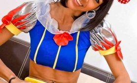 Shemale dressed as snow white playing dirty with apples