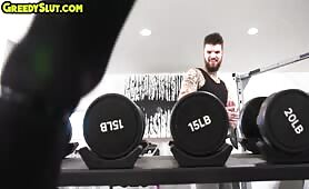 Greedy tattooed shemale assfucked in the gym after BJ